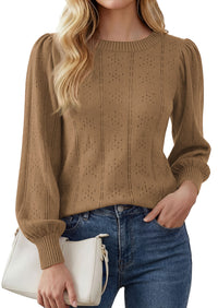 PRETTYGARDEN Women Fall Fashion Hollow Out Holiday Sweaters | Stretchy Cozy Knit, Puff Long Sleeve Pullover Tops, Crewneck Loose Fit, Dressy Casual Blouse, Trendy Winter Going Out Outfits