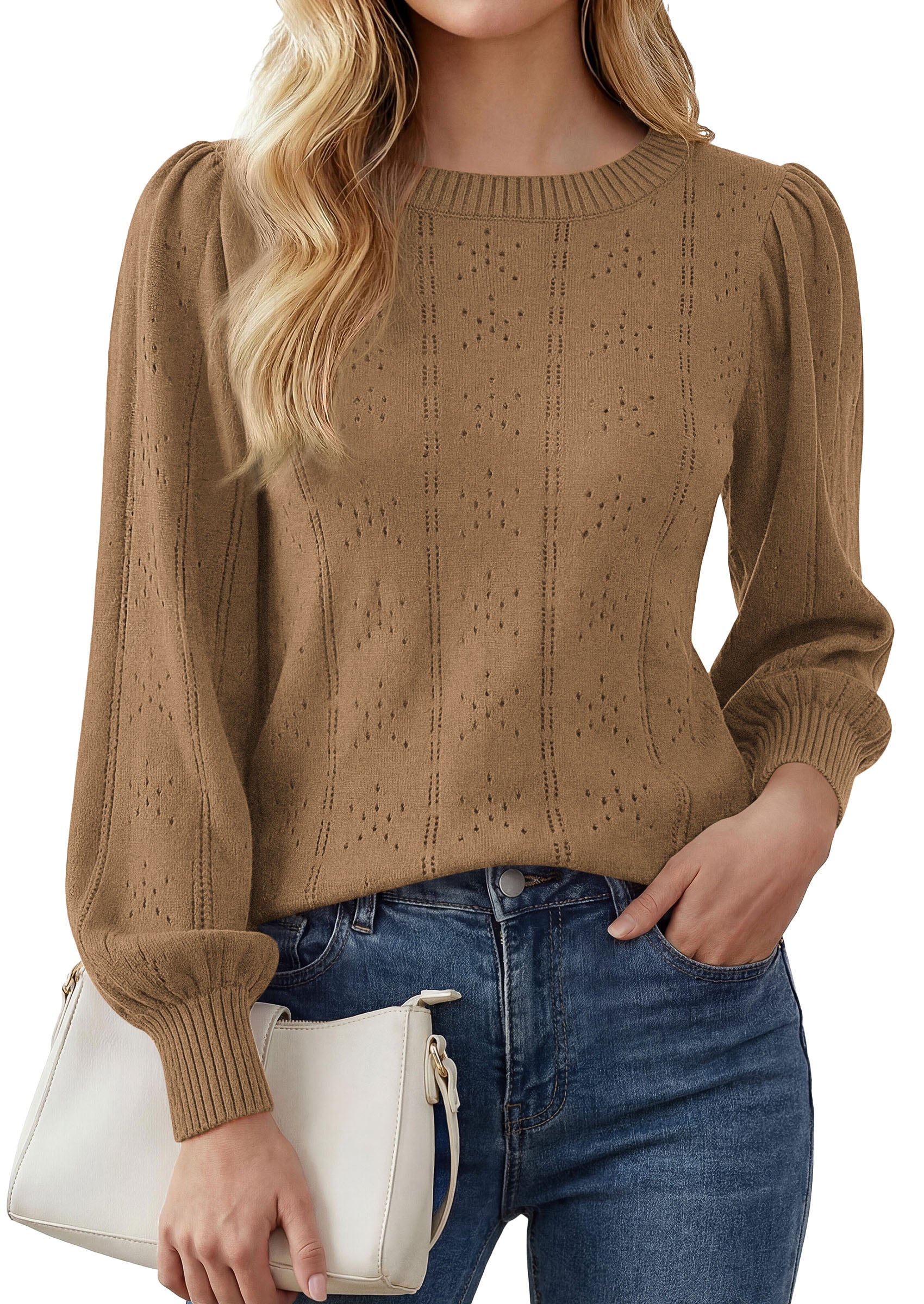PRETTYGARDEN Women Fall Fashion Hollow Out Holiday Sweaters | Stretchy Cozy Knit, Puff Long Sleeve Pullover Tops, Crewneck Loose Fit, Dressy Casual Blouse, Trendy Winter Going Out Outfits