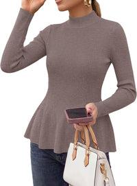 PRETTYGARDEN Womens Fall Mock Neck Long Sleeve Tops Badycon Peplum Sweaters						  Cozy Soft Knit Pullover,Ruffle Hem,Business Casual Work Outfits,2026 Trendy Fall Fashion Clothing,Winter Layering Clothes