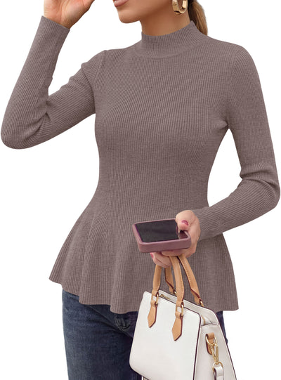 PRETTYGARDEN Womens Fall Mock Neck Long Sleeve Tops Badycon Peplum Sweaters						  Cozy Soft Knit Pullover,Ruffle Hem,Business Casual Work Outfits,2026 Trendy Fall Fashion Clothing,Winter Layering Clothes