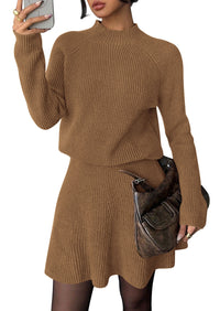PRETTYGARDEN Women's Fall 2 Piece Outfits Matching Sweater Skirt Sets  Cozy Ribbed Knit, Raglan Long Sleeve, Crewneck Pullover, Elastic Waist A Line, Mini Short Skirts, Holiday Winter Clothing