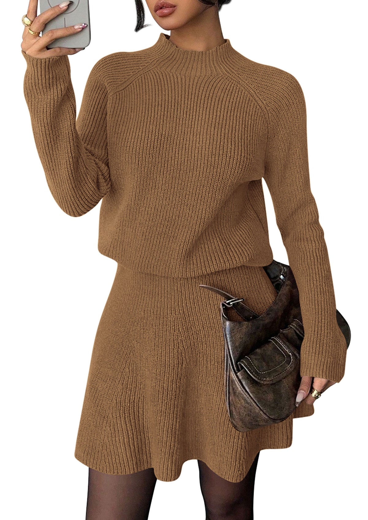 PRETTYGARDEN Women's Fall 2 Piece Outfits Matching Sweater Skirt Sets  Cozy Ribbed Knit, Raglan Long Sleeve, Crewneck Pullover, Elastic Waist A Line, Mini Short Skirts, Holiday Winter Clothing