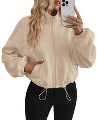 PRETTYGARDEN Womens Zip Up Fleece Cropped Sweatshirt Jacket | Oversized Loose Soft Stand Collar with Drawstring Hem, Long Sleeve Casual Coat With Pockets, Fall Outfits Winter Clothing