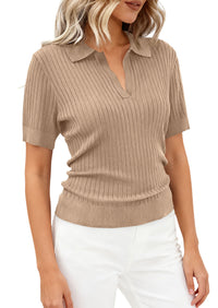 PRETTYGARDEN Women's Short Sleeve Sweater 2026 Spring Polo Shirts Ribbed Knit V Neck Business Casual Tops Summer Work Clothes PRETTYGARDEN
