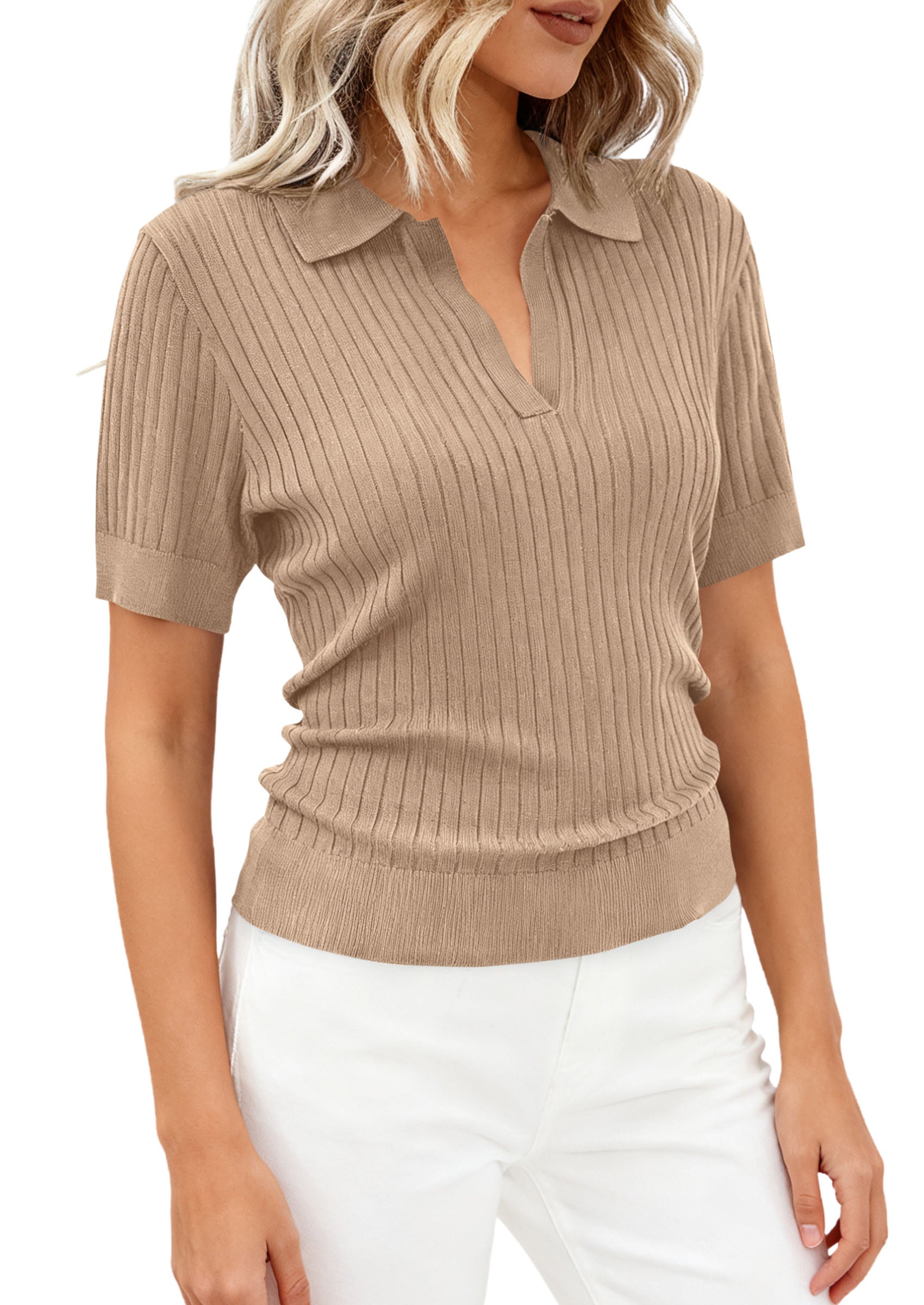 PRETTYGARDEN Women's Short Sleeve Sweater 2026 Spring Polo Shirts Ribbed Knit V Neck Business Casual Tops Summer Work Clothes PRETTYGARDEN