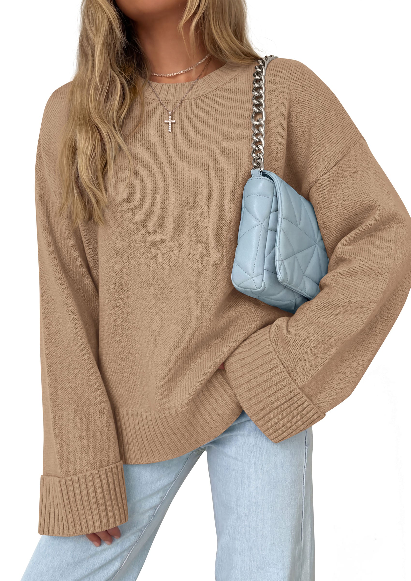 PRETTYGARDEN Oversized Sweater Women's Ribbed Knit Top | Solid Long Sleeve Tops, Drop Shoulder Pullover Crewneck, Basic Going Out & School Outfits 2026, Fall Winter Chunky Clothing