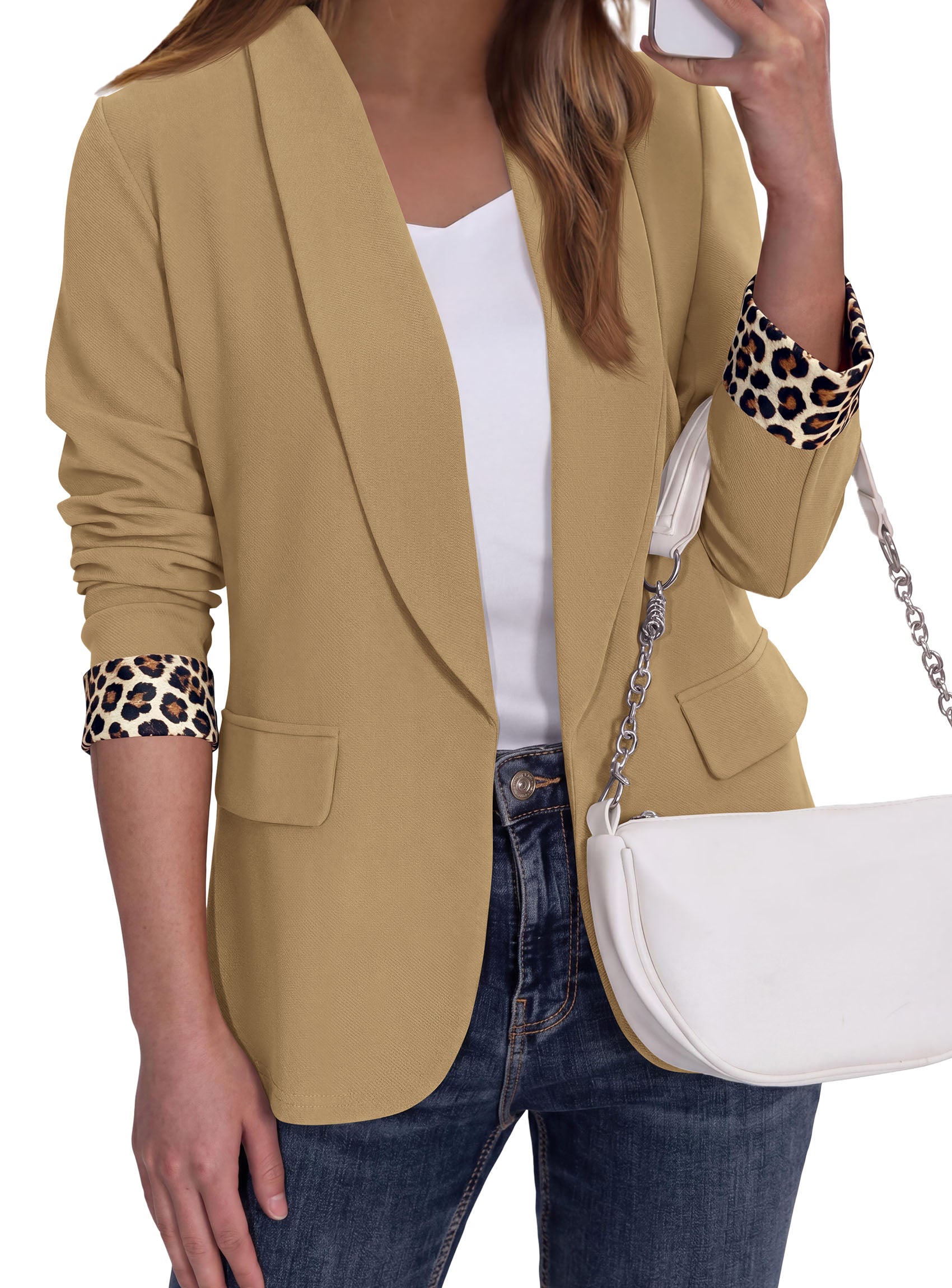 PRETTYGARDEN Women's Business Casual Blazers Suit Jacket | Lapel Loose Fit Blazer, Long Sleeve Open Front Leopard Print Cuffs, Dressy Casual Office Work Clothes, Fall Winter Fashion
