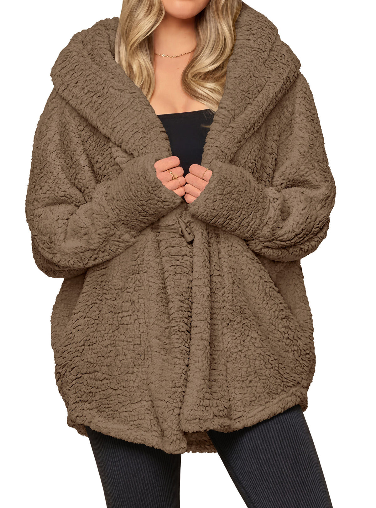 PRETTYGARDEN Women's Winter Warm Coats Hooded Faux Fur Sherpa Jacket  Fuzzy Fleece, Thumb Holes, Long Sleeve Pockets, Teddy Bear Jackets, Trendy Casual Fall Clothes, Holiday Going Out Outfits