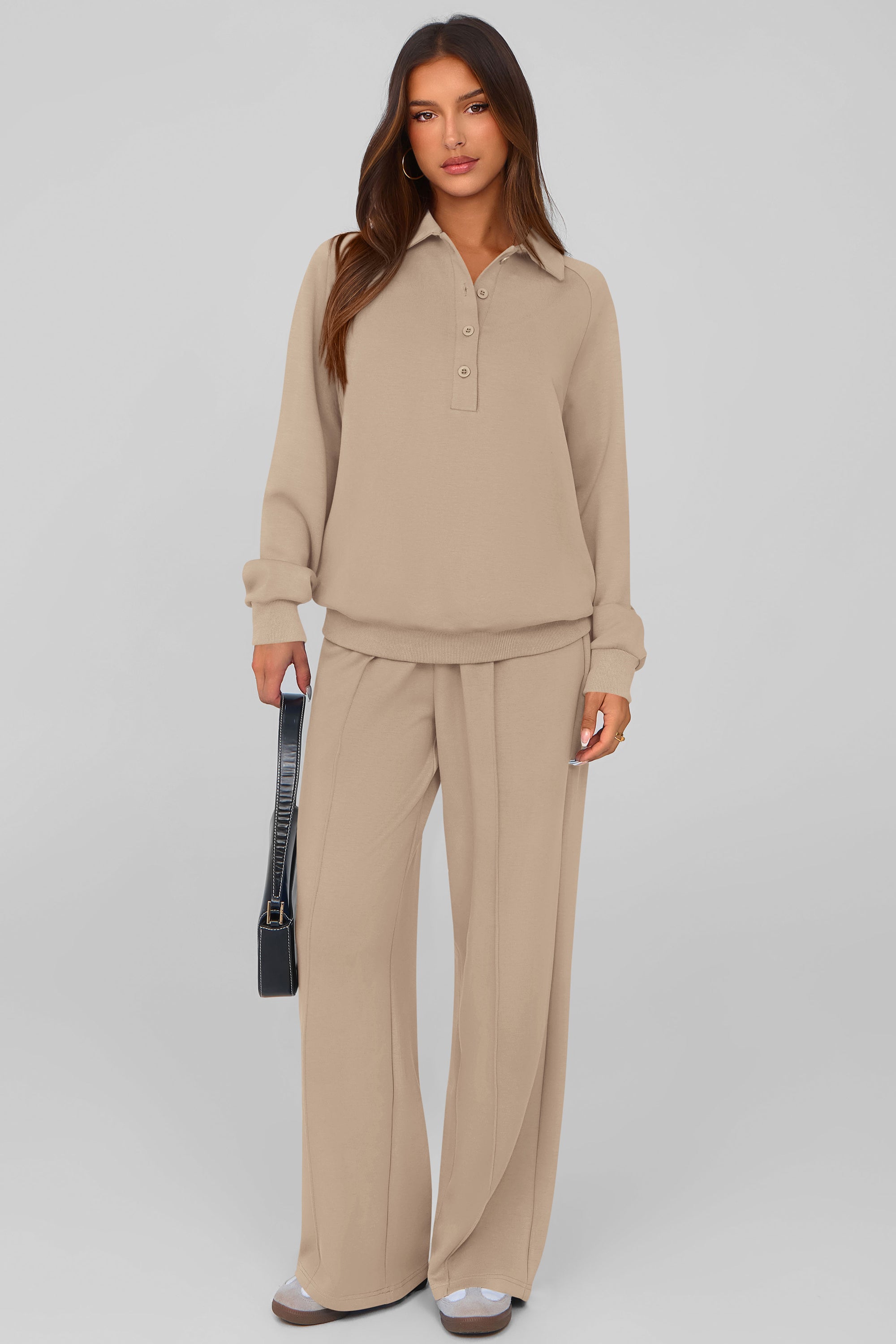 PRETTYGARDEN Women Fall 2 Piece Outfits Sweatsuits Quarter Button Long Sleeve Sweatshirt Wide Leg Pants Tracksuit Lounge Sets