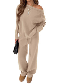 PRETTYGARDEN Lounge Sets Womens Sweaters Two Piece Outfits  Cozy Boat Neck Long Sleeve Tops, Wide Leg Pants with Drawstring, Casual Fall Fashion 2026 Airport & Travel, Knit Matching Set