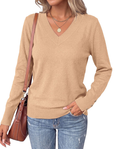 PRETTYGARDEN Fall Sweaters for Women V Neck Lightweight Pullover  Soft Knit Sweater Tops,Long Sleeve,Slit Cuffs with Decorative Button,Work Business Casual Outfits,Layering Winter Clothes