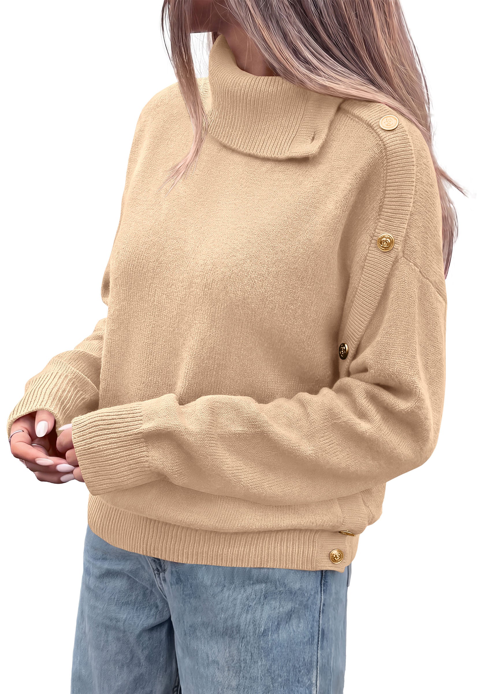 PRETTYGARDEN Womens Turtleneck Sweater Pullover Side Button Fall Clothes  Stretchy Knit,Dropped Shoulder,Ribbed Cuffs,Asymmetrical,Jumper Long Sleeve Tops,Work Office,2026 Winter Casual Outfits