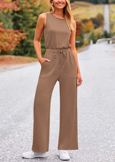 PRETTYGARDEN Womens Jumpsuits Summer Casual One Piece Outfits Sleeveless Wide Leg Long Pants Rompers