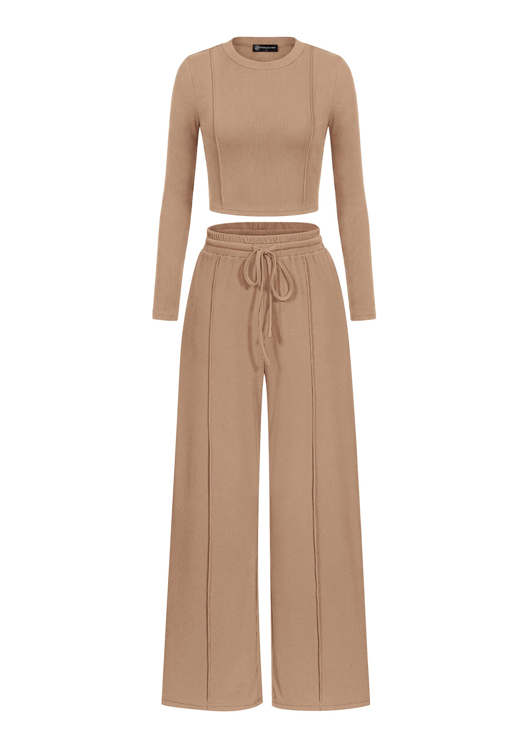 PRETTYGARDEN Womens 2 Piece Sets Long Sleeve Outfits  Soft Ribbed Knit, Loose Wide Leg Fit, Crop Top Drawstring High Waist Pants Set, Casual Lounge Travel, Matching Fall Clothes