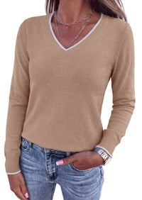 PRETTYGARDEN Women's V Neck Sweater Long Sleeve Knit Tops | Contrast Trim, Cozy Lightweight Pullover, Loose Basic Soft, Business Casual, Holiday Vacation Outfits, Fall Winter Clothes