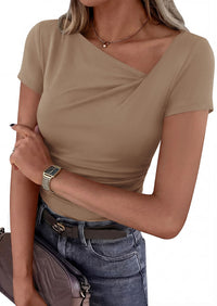 PRETTYGARDEN Women's 2026 Summer Asymmetrical Y2K Tops Trendy Ribbed Short Sleeve Fitted Tee Shirts Spring Fashion Clothing