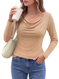 PRETTYGARDEN Cowl Neck Tops for Women Fashion Long Sleeve Shirt  Comfy Ruched Shirts, Soft Lightweight Knit, Chic Cowl Neck Top, Casual Going Out Outfits, Fall Winter Trendy Clothes