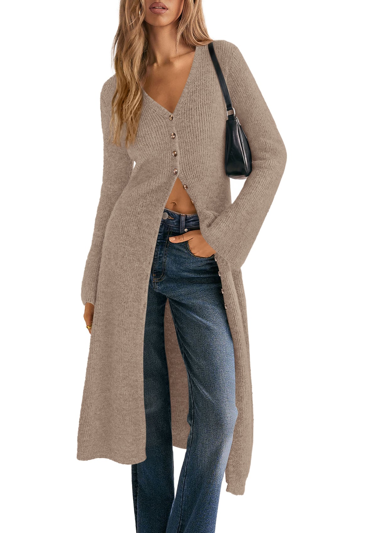 PRETTYGARDEN Women Long Cardigan Bell Sleeve Sweater Dress  Early Fall Fashion, V Neck Button Down Coats, Fit and Flare, Duster Sweater, Business Casual Outfits, Acrylic Cotton Blend