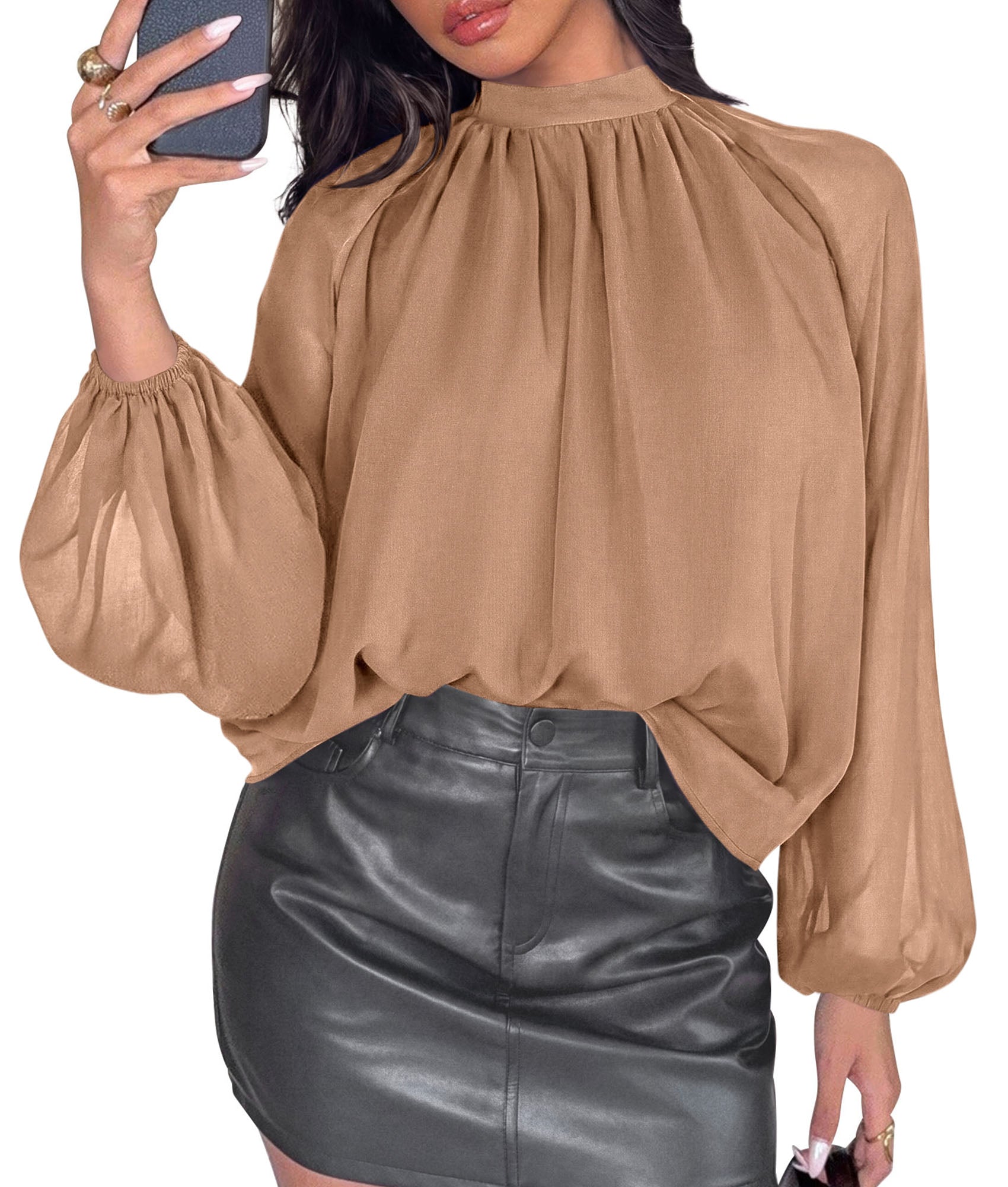 PRETTYGARDEN Womens Chiffon Blouses Dressy Casual Mock Neck Tops | Lightweight Fabric,Sheer Lantern Long Sleeve Shirts,Work Office Clothes,Daily Wear,Loose Flowy Going Out Fall Outfits
