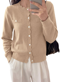 PRETTYGARDEN Cardigan Sweaters for Women Scalloped Button Up Fall Outfits  Soft Knit Long Sleeve Knit Tops,Crew Neck,Business Casual Outfits,Office Work Lightweight Sweater,Layers Clothes