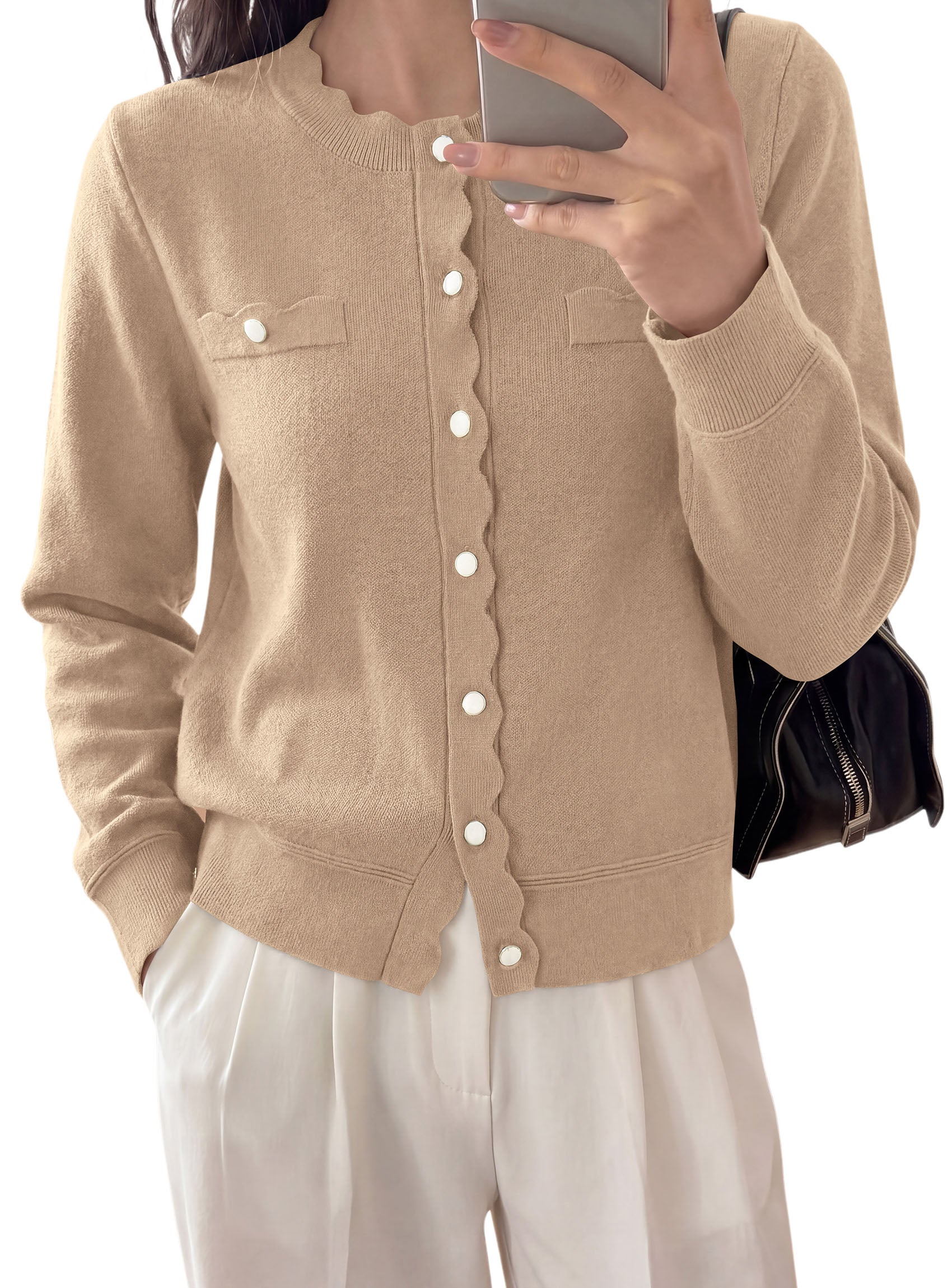 PRETTYGARDEN Cardigan Sweaters for Women Scalloped Button Up Fall Outfits  Soft Knit Long Sleeve Knit Tops,Crew Neck,Business Casual Outfits,Office Work Lightweight Sweater,Layers Clothes