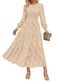 PRETTYGARDEN Fall Floral Long Sleeve Wedding Guest Dress for Women Pockets | Casual Textured Jacquard Smocked High Waist A-line Boho Flowy Midi Dress, Semi Formal Cocktail Dresses for Women 2026