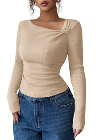PRETTYGARDEN Womens 2026 Early Fall Fashion Long Sleeve T Shirts Asymmetrical Ribbed Fitted Trendy Going Out Tops Y2K Outfits