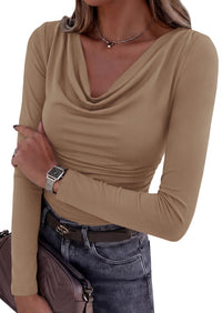 PRETTYGARDEN Women's Long Sleeve Shirts 2026 Fall Outfits Cowl Neck Ruched Slim Fitted Going Out Tops Y2K Fashion Clothing