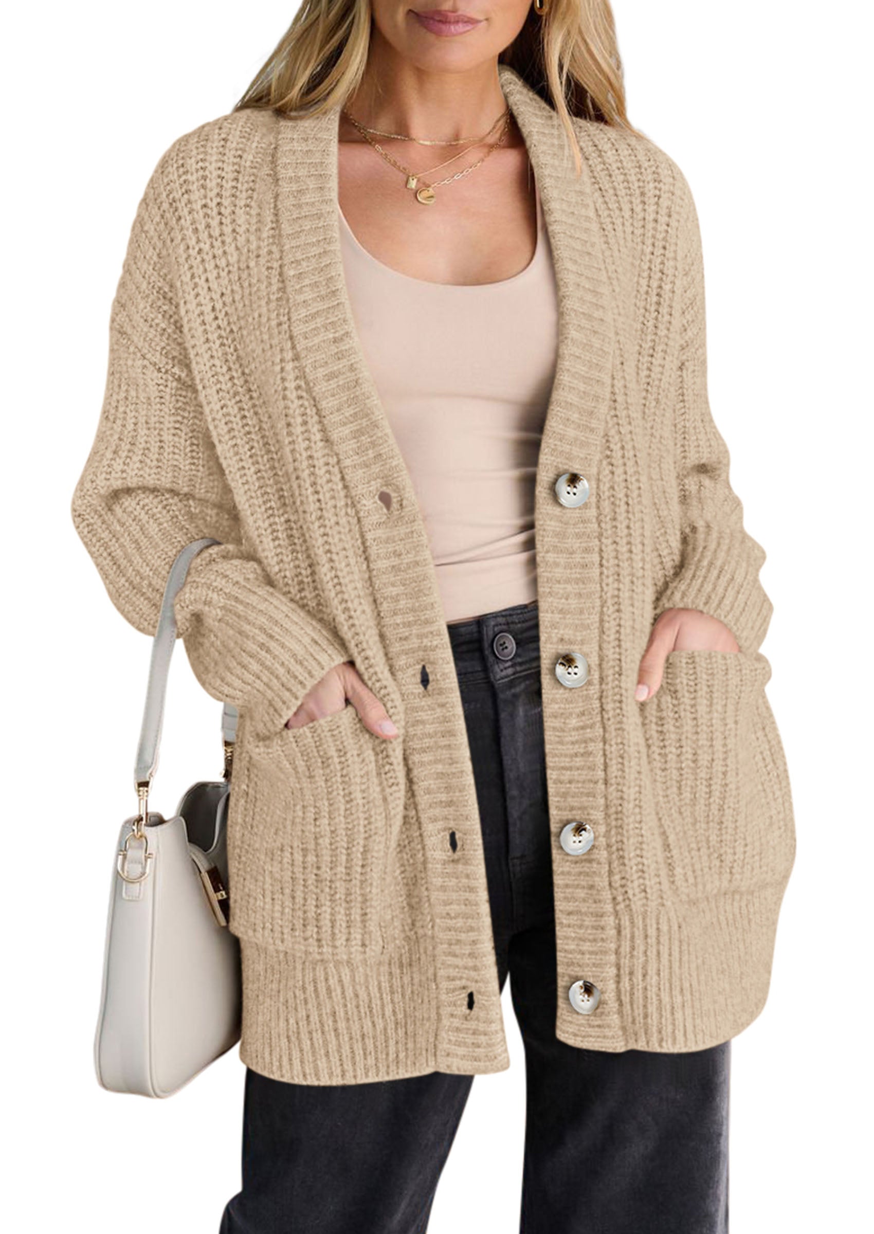 PRETTYGARDEN Oversized Cardigan Sweaters for Women Button Up | V Neck Long Cardigans, Chunky Ribbed Knit Loose Fit with Side Pockets, Casual Daily Office Outfits, Fall Winter Clothing