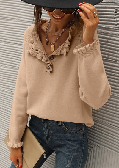 BTFBM Womens Sweaters Fall Winter Clothes 2025 Long Sleeve Button Down Ruffle Crew Neck Casual Knitted Pullover Tops PRETTYGARDEN