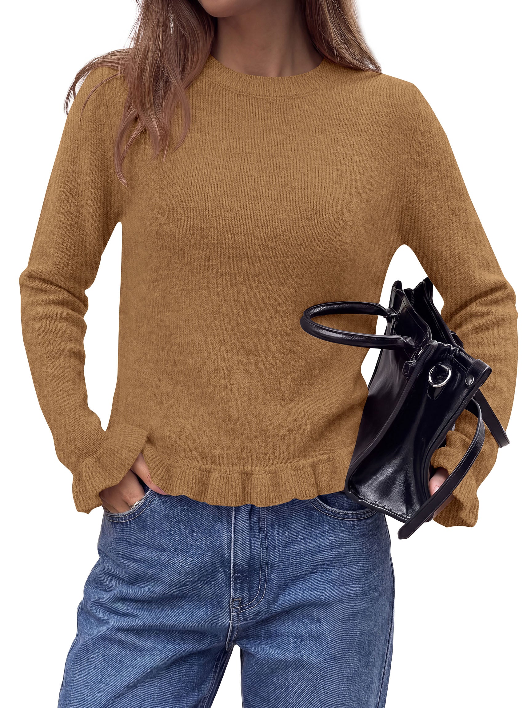 PRETTYGARDEN Women's Ruffle Sweaters Fall Fashion Cozy Knit Pullover  Soft Warm Chunky, Crewneck Long Sleeve, Cute Peplum Tops, Dressy Casual Blouses, Going Out Holiday, Trendy Winter Outfits