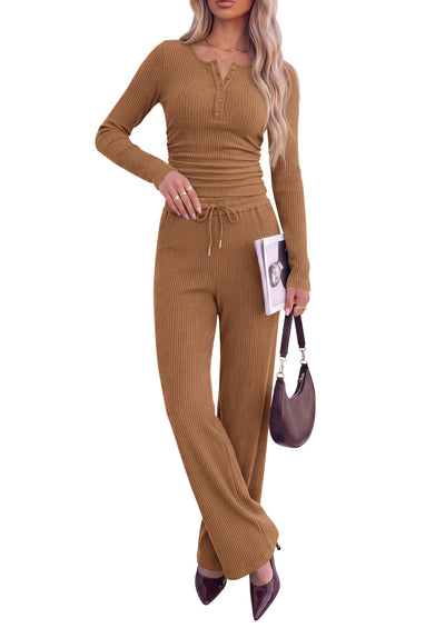 PRETTYGARDEN Two Piece Lounge Sets for Women Fall Fashion | Soft Stretchy Rib Knit,Long Sleeve Henley Tops,High Waisted Wide Leg Pants,Matching Holiday Vacation,Airport Travel Outfits