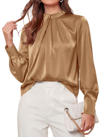 PRETTYGARDEN Satin Tops for Women Mock Neck Pleated Long Sleeve Shirts