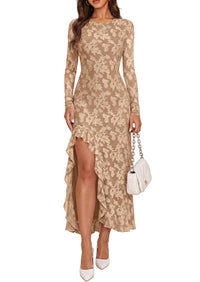 PRETTYGARDEN Women's Formal Maxi Floral Dresses with Slit  Long Sleeve Ruffle Hem, Elegant Outfit for Wedding Guest & Cocktail Party, Bodycon Crewneck Mesh Dresses, Fall Fashion 2026