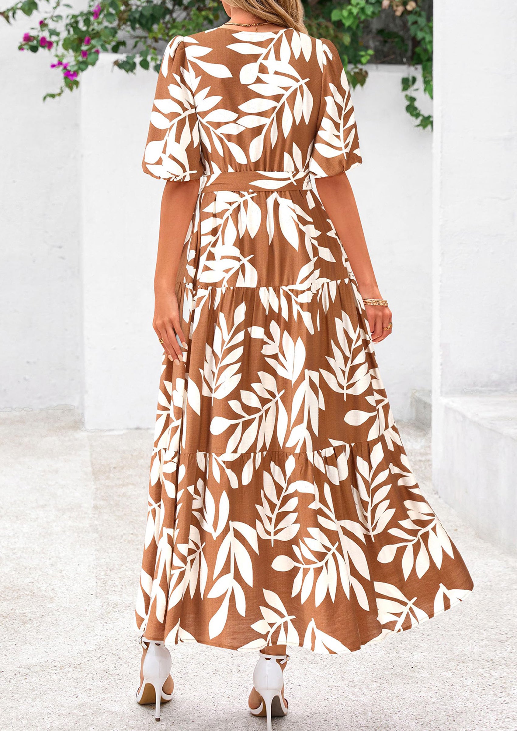 PRETTYGARDEN Women's Maxi Dress Resort Wear Boho Floral V Neck Puff Short Sleeve Ruffle Flowy Beach Long Dresses