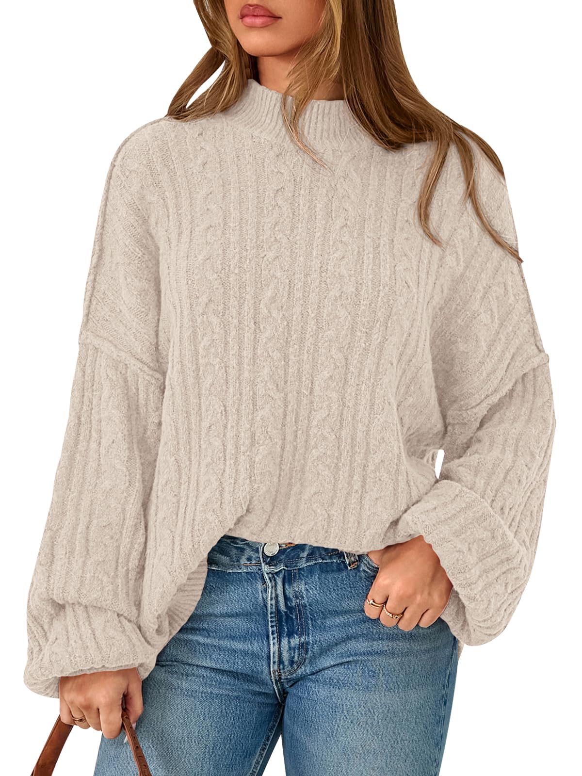 PRETTYGARDEN Womens Sweater 2026 Long Sleeve Crewneck Cable Knit Oversized Sweaters Pullover Exposed Seam Spring Outfits