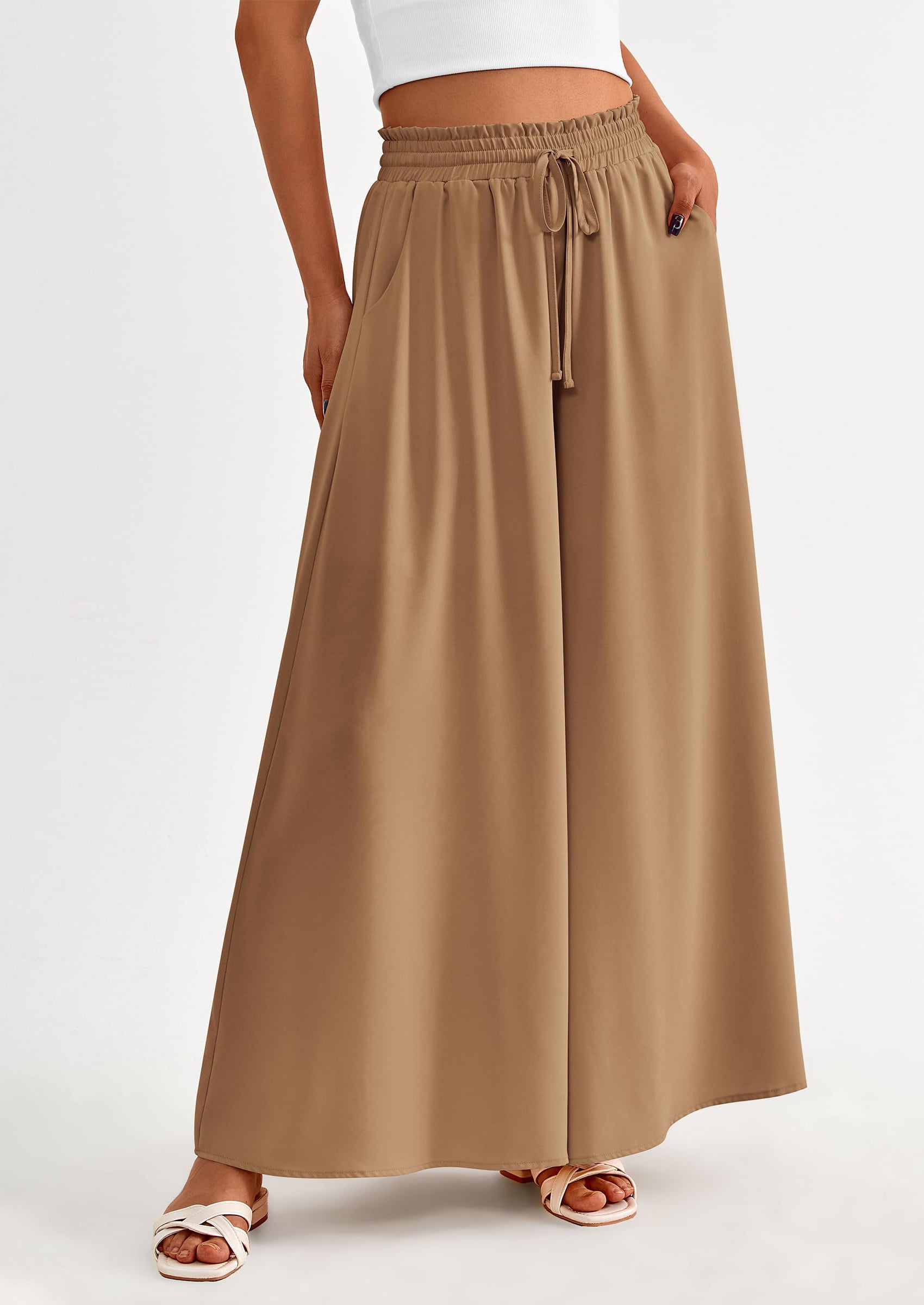 PRETTYGARDEN Women's Summer Wide Leg Palazzo Pants High Waisted Flowy Pockets Trendy Casual Lounge Boho Beach Trousers