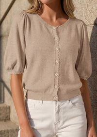 PRETTYGARDEN Puff Short Sleeve Cardigans for Women Lightweight 2026 Summer Shirts Button Up Knit Sweater Tops Spring Clothes PRETTYGARDEN