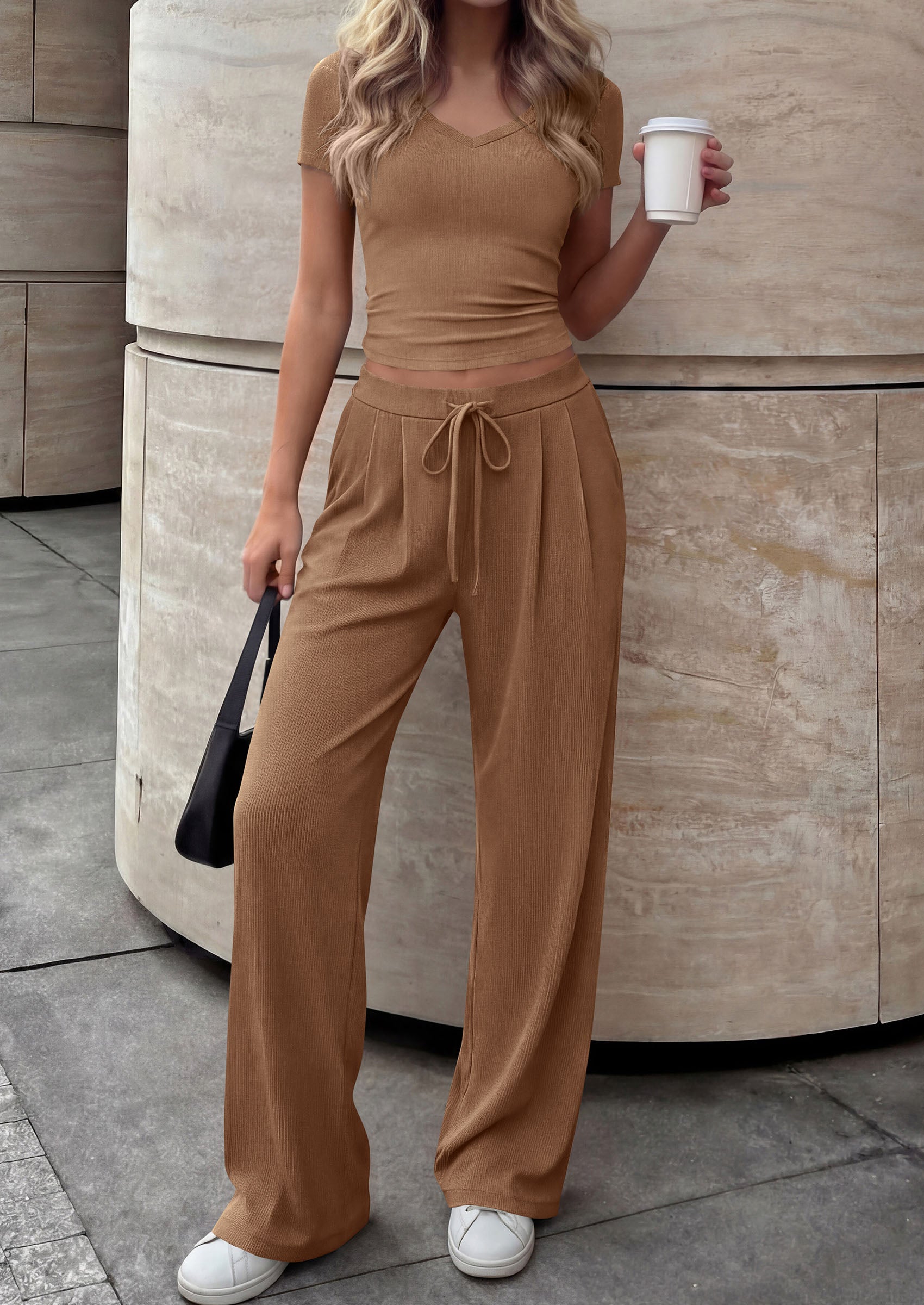 PRETTYGARDEN 2 Piece Sets for Women Summer 2026 Spring Lounge Set Matching V Neck Tops Wide Leg Pants Airport Travel Outfits PRETTYGARDEN