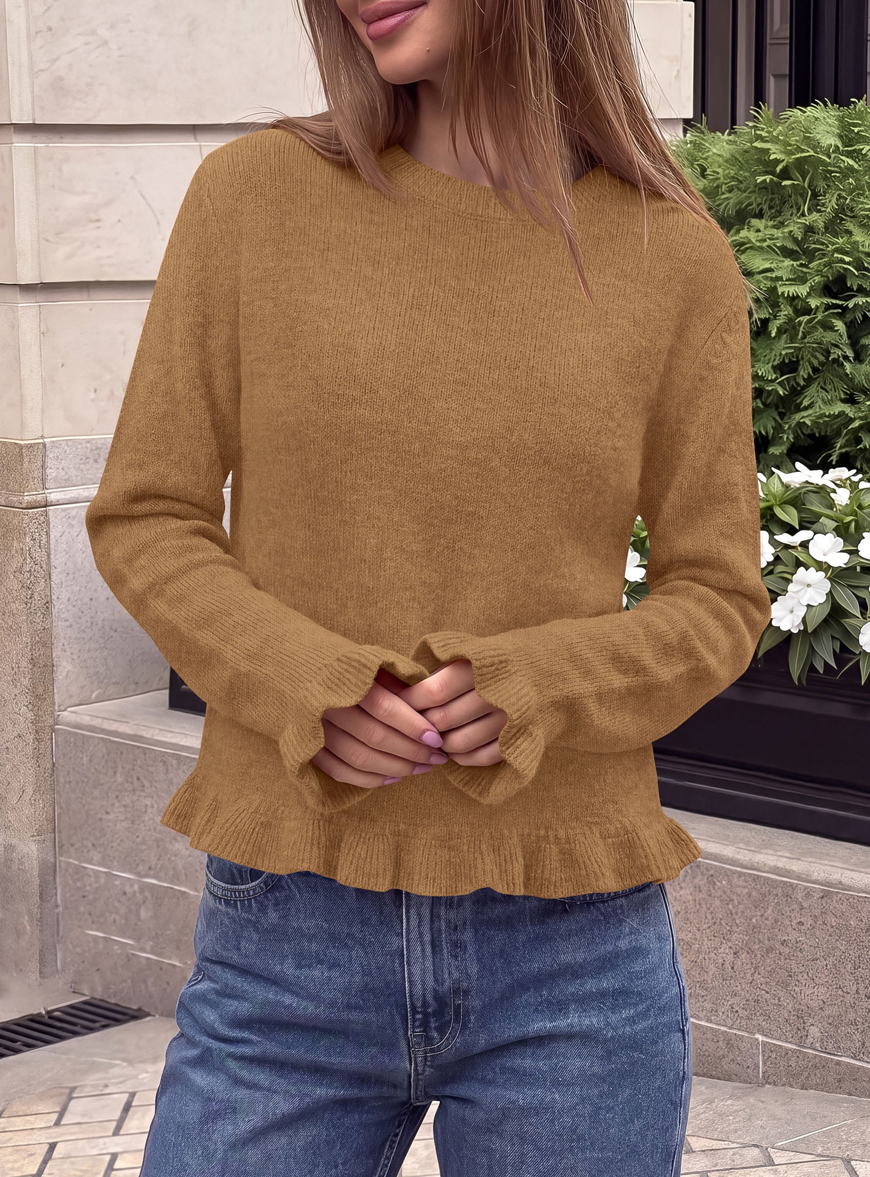 PRETTYGARDEN Women's Ruffle Sweaters Fall Fashion Cozy Knit Pullover  Soft Warm Chunky, Crewneck Long Sleeve, Cute Peplum Tops, Dressy Casual Blouses, Going Out Holiday, Trendy Winter Outfits