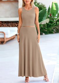 PRETTYGARDEN 2 Piece Maxi Skirt Sets Casual Knit Cropped Tank Top High Waisted Long Skirts Outfit