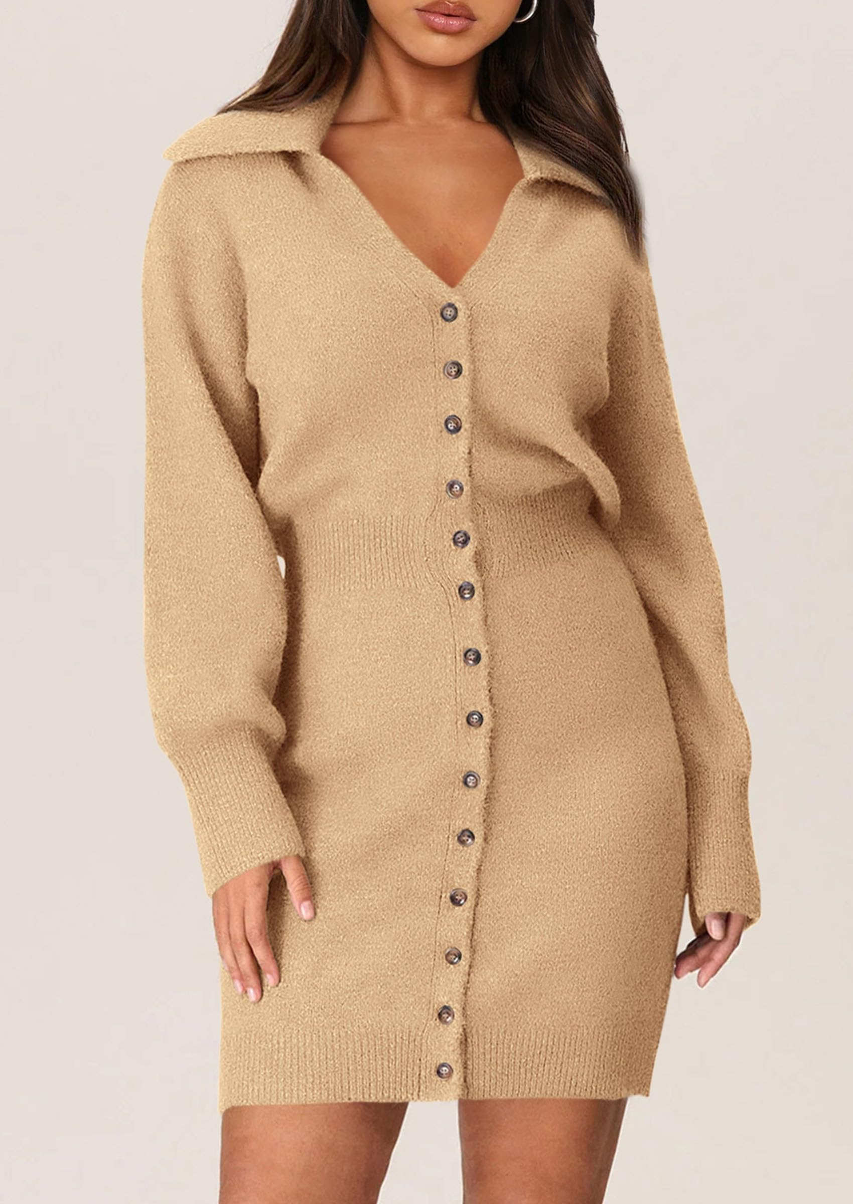 PRETTYGARDEN Sweater Dresses for Women Trendy Long Sleeve Button Down Short Spring Dress