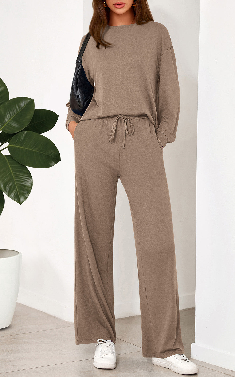 PRETTYGARDEN Womens 2 Pieces Lounge Sets Crewneck Long Sleeve Wide Leg Drawstring Pants Tracksuits Loose Fit Outfits Set