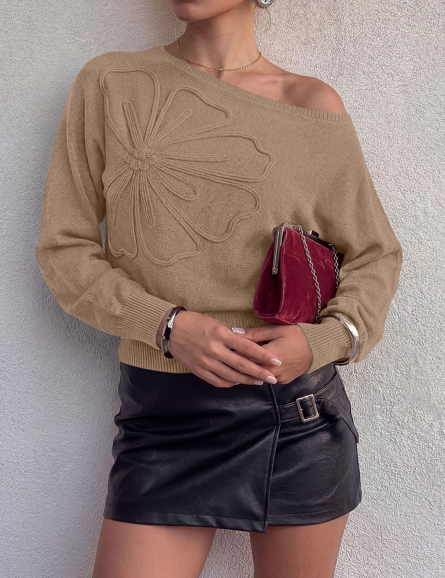 PRETTYGARDEN Women's Fall Off The Shoulder Sweater Tops   | 3D Flower Off Shoulder Sweater, Cinched Waist, Long Sleeve Cropped Sweaters, Knit Pullover Tops, Trendy Date Night Outfit