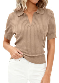 PRETTYGARDEN Women's Short Sleeve Sweater 2026 Spring Polo Shirts Ribbed Knit V Neck Business Casual Tops Summer Work Clothes PRETTYGARDEN