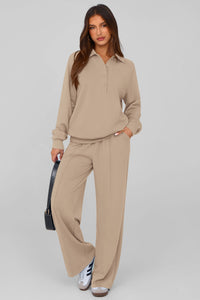 PRETTYGARDEN Women Fall 2 Piece Outfits Sweatsuits Quarter Button Long Sleeve Sweatshirt Wide Leg Pants Tracksuit Lounge Sets
