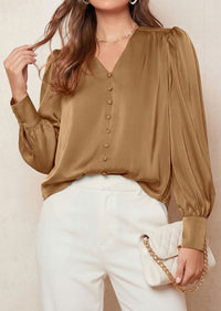 PRETTYGARDEN Satin Long Sleeve Womens Blouses Dressy Casual | Glossy Smooth Silk Fabric,Lantern Sleeve Fall Tops,Decorative Button Pullover,V Neck Shirts,Office Work Business Outfits