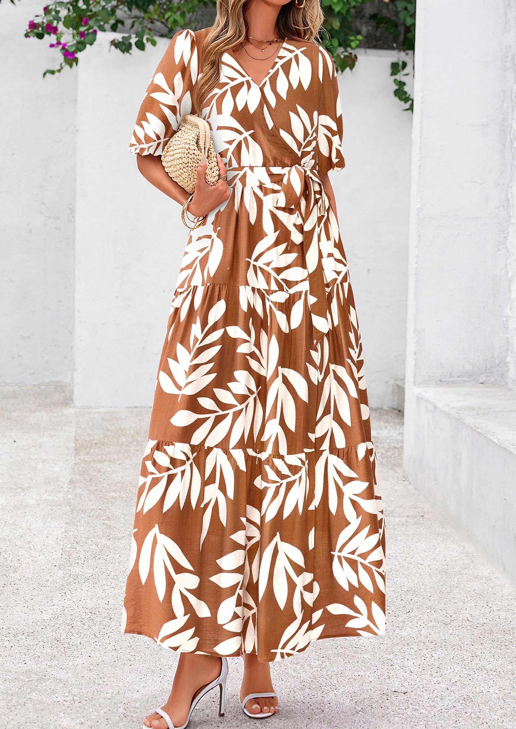 PRETTYGARDEN Women's Maxi Dress Resort Wear Boho Floral V Neck Puff Short Sleeve Ruffle Flowy Beach Long Dresses