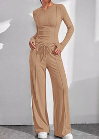 PRETTYGARDEN Womens 2 Piece Sets Long Sleeve Outfits  Soft Ribbed Knit, Loose Wide Leg Fit, Crop Top Drawstring High Waist Pants Set, Casual Lounge Travel, Matching Fall Clothes