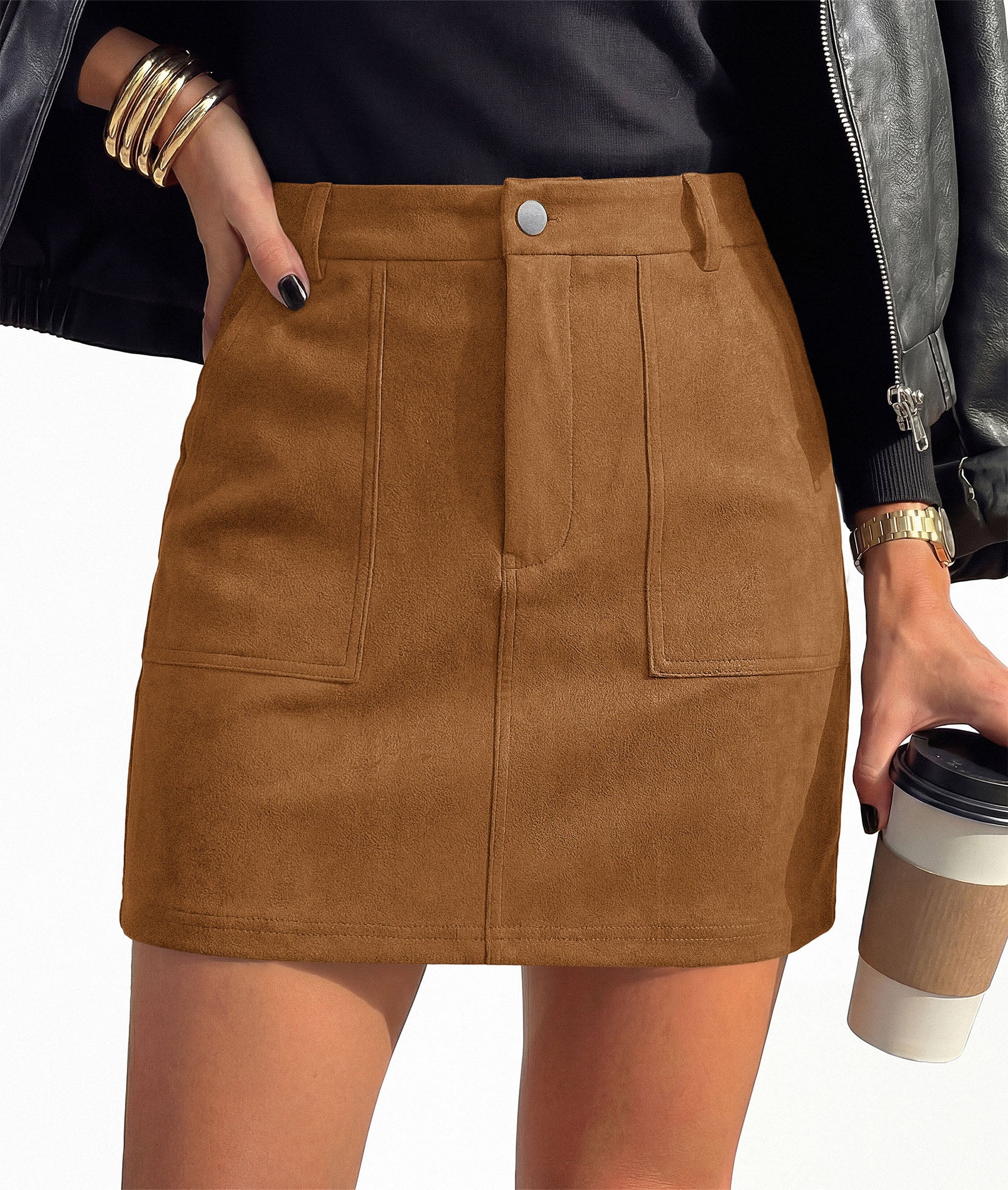 PRETTYGARDEN Womens Suede Mini Skirts with Shorts Underneath | High Waist Bodycon Short Pencil Skirt, Dressy Casual Skort with Pockets, Above the Knee, Fall Outfits Winter Fashion Clohting
